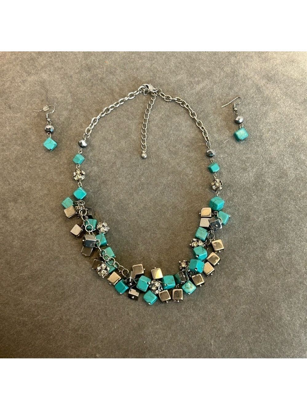 Marbled turquoise blue silver tone square cubed rhinestone necklace earrings set